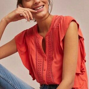 NWT Maeve Anthropologie Kailana Button Up Ruffle Eyelet Top Orange Size Medium